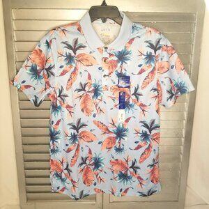 Apt 9 Men M Floral Short Sleeve Hawaiian Premier Flex Polo Shirt Blue Aqua Coral